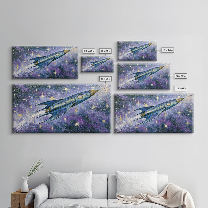 Rocket Ship Crossing a Retro Star Field Canvas Print, Space Art, Art Prints, Spa Decor, Fine Art, Serenity, Abstract Wall Art, SAR-2x1-54
