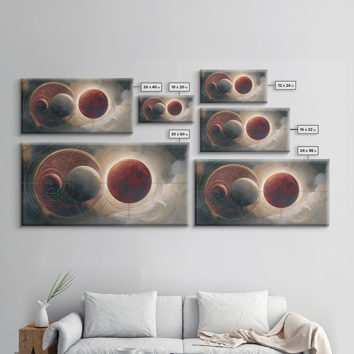 Lunar Eclipse in Deep Red Tones Framed Canvas Print, Space Art, Abstract Art, Spa Decor, Fine Art, Serenity, Neutral Decor, SAR-2x1-55
