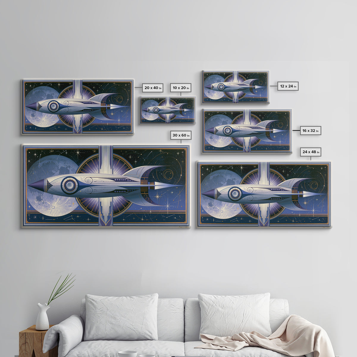 Retro Space Poster Framed Canvas Print, Space Art, Canvas Wall Art, Spa Decor, Fine Art, Serenity, Gallery Decor, Neutral Decor, SAR-2x1-65
