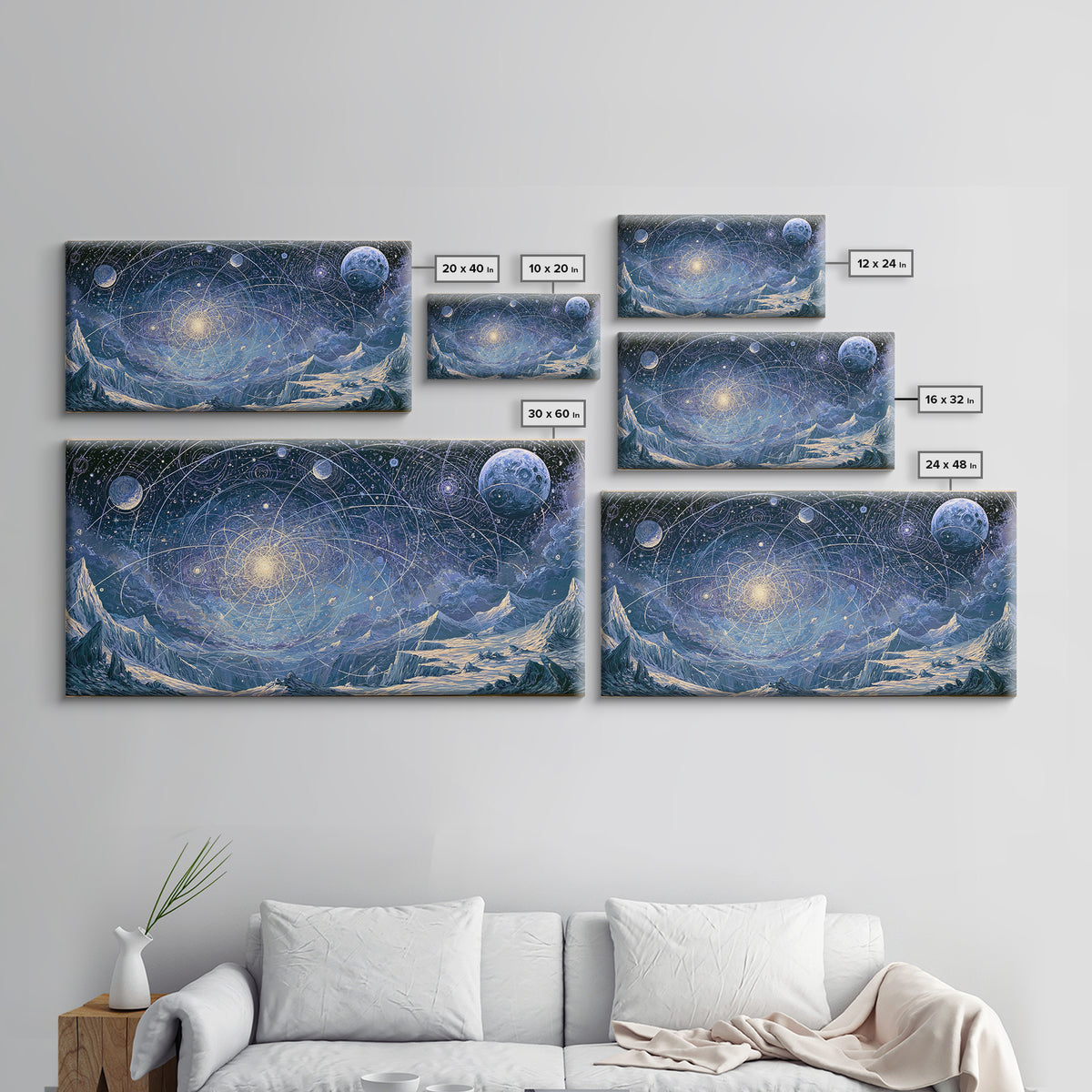 Alien Moonrise over Icy Cliffs Framed Canvas Print, Space Art, Printable Wall Art, Spa Decor, Oil Painting, Serenity, SAR-2x1-90