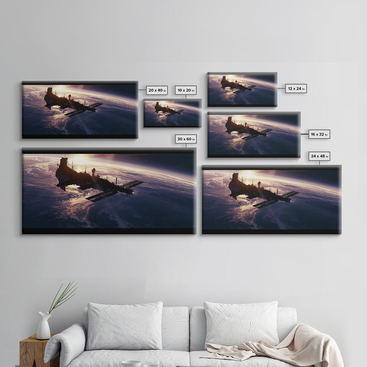 Space Station Silhouetted by Sunrise Framed Canvas Print, Space Art, Digital Wall Art, Spa Decor, Oil Painting, Serenity, SAR-2x1-92