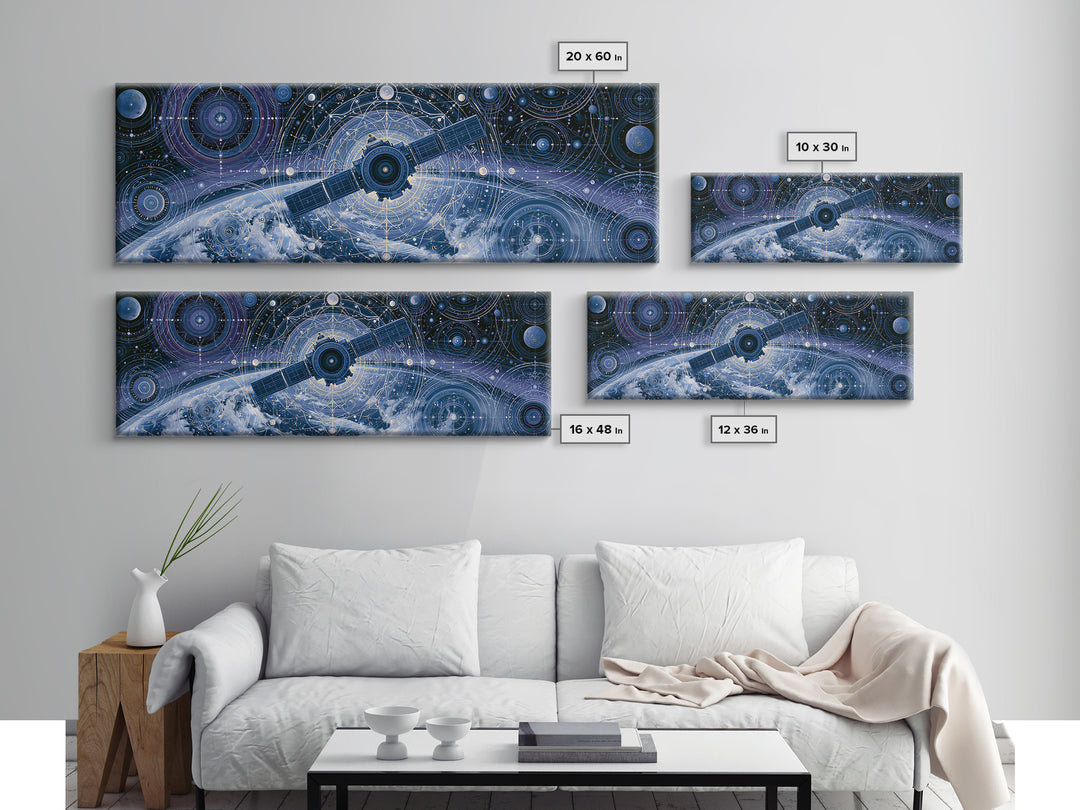 Satellite Orbiting Above Blue Planet Canvas Print, Space Art, Painting, Spa Decor, Abstract Art, Serenity, Canvas Wall Art, SAR-3x1-100