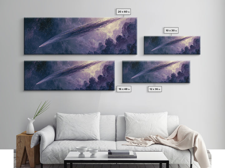 Comet Streaking Through Violet Darkness Canvas Print, Space Art, Living Room Wall Art, Spa Decor, Fine Art, Serenity, SAR-3x1-46