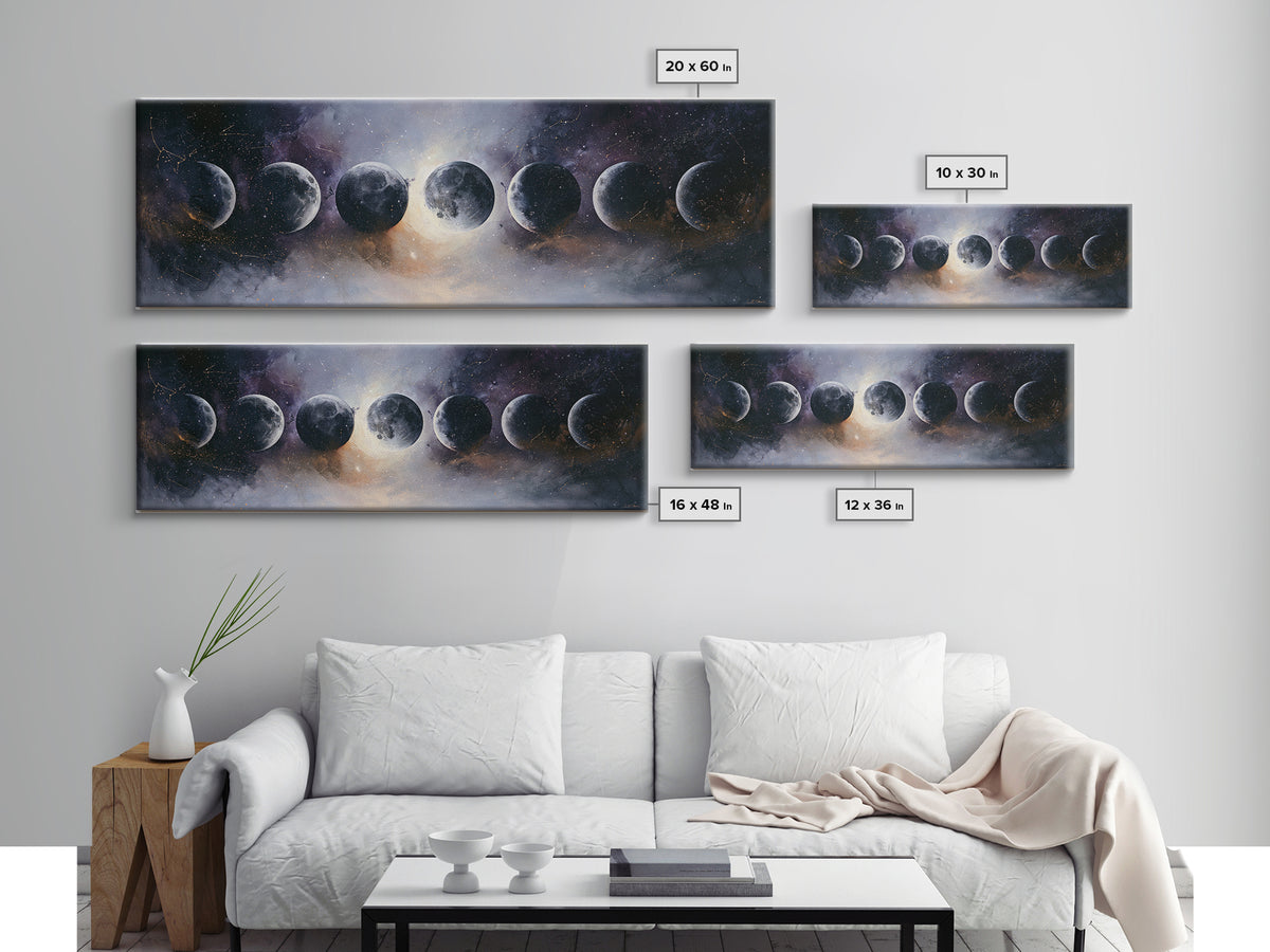 Moon Phases in Elegant Monochrome Framed Canvas Print, Space Art, Statement Artwork, Spa Decor, Fine Art, Serenity, Wall Decor, SAR-3x1-57