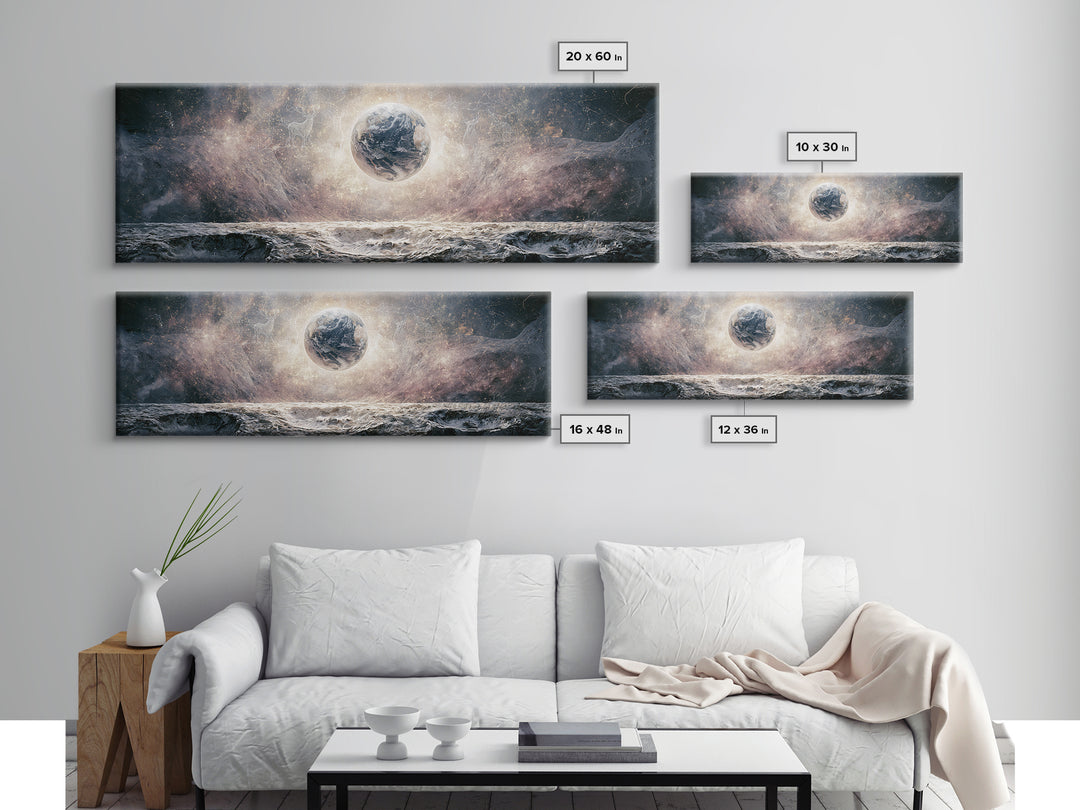 Moon Surface with Earth Hanging Above Canvas Print, Space Art, Home Decor, Spa Decor, Fine Art, Serenity, Wall Art Prints, SAR-3x1-93