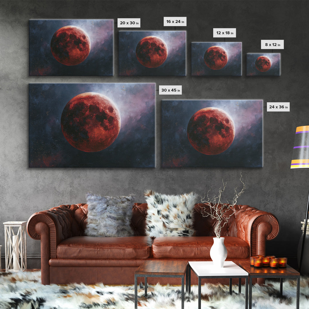 Lunar Eclipse in Deep Red Tones Framed Canvas Print, Space Art, Digital Art, Spa Decor, Fine Art, Serenity, Modern Wall Art, SAR-3x2-39