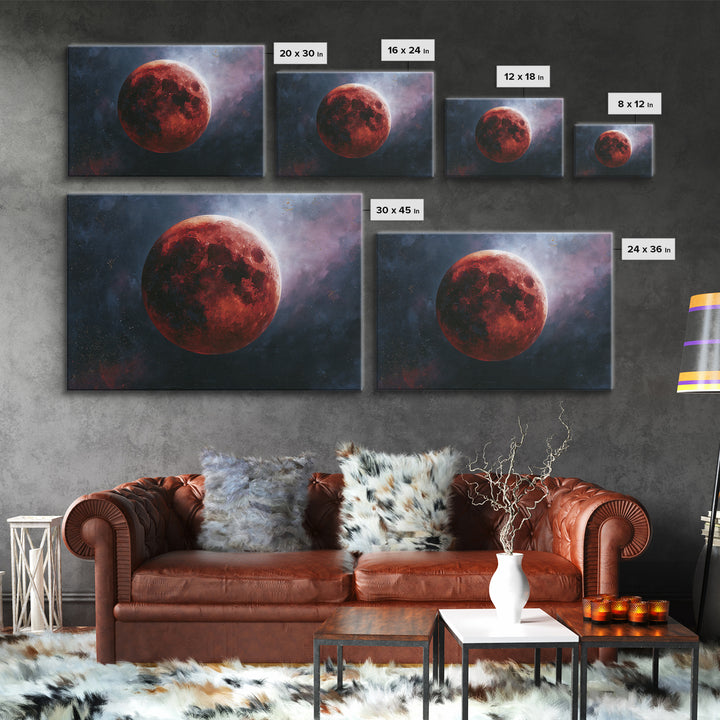 Lunar Eclipse in Deep Red Tones Framed Canvas Print, Space Art, Digital Art, Spa Decor, Fine Art, Serenity, Modern Wall Art, SAR-3x2-39