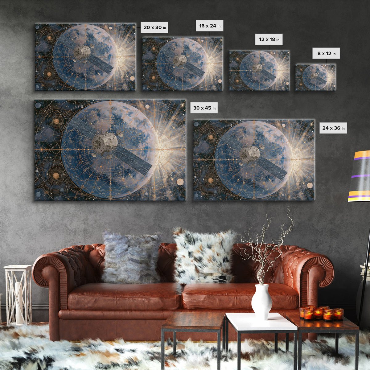 Satellite Orbiting Above Blue Planet Framed Canvas Print, Space Art, Textured Painting, Spa Decor, Oil Painting, Serenity, SAR-3x2-40