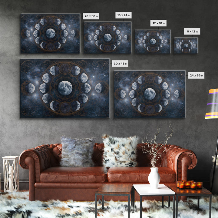 Moon Phases in Elegant Monochrome Framed Canvas Print, Space Art, Textured Painting, Spa Decor, Fine Art, Serenity, Art Prints, SAR-3x2-45