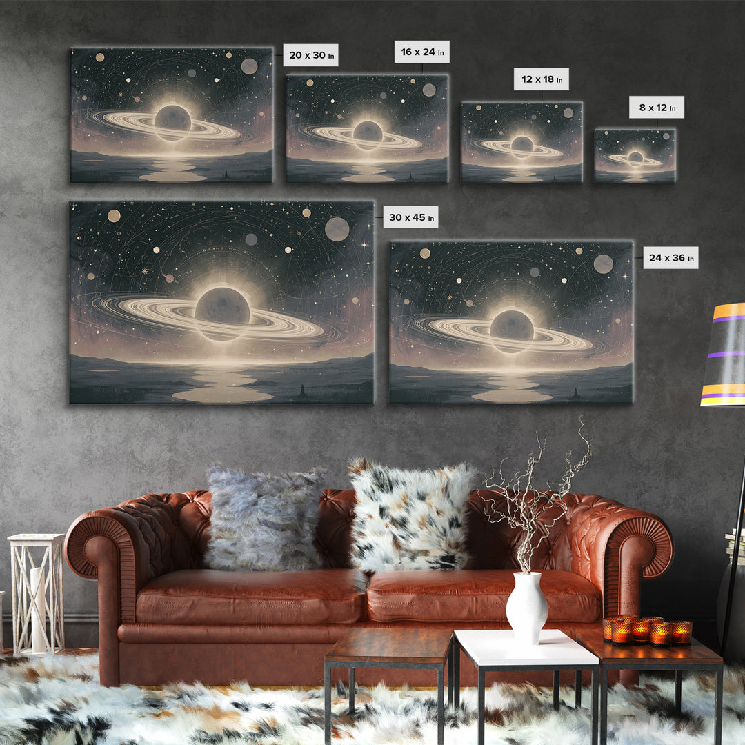 Ringed Planet Rising Framed Canvas Print, Space Art, Space, Spa Decor, Fine Art, Serenity, Statement Artwork, Boho Decor, SAR-3x2-6