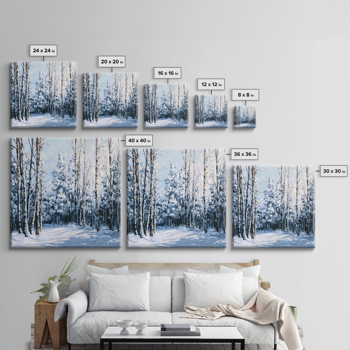 Snowy Nordic Forest Framed Canvas Print, Scandinavian Art, Textured Painting, Living Room Decor, Nordic, Christmas Decor, SCA-1x1-1