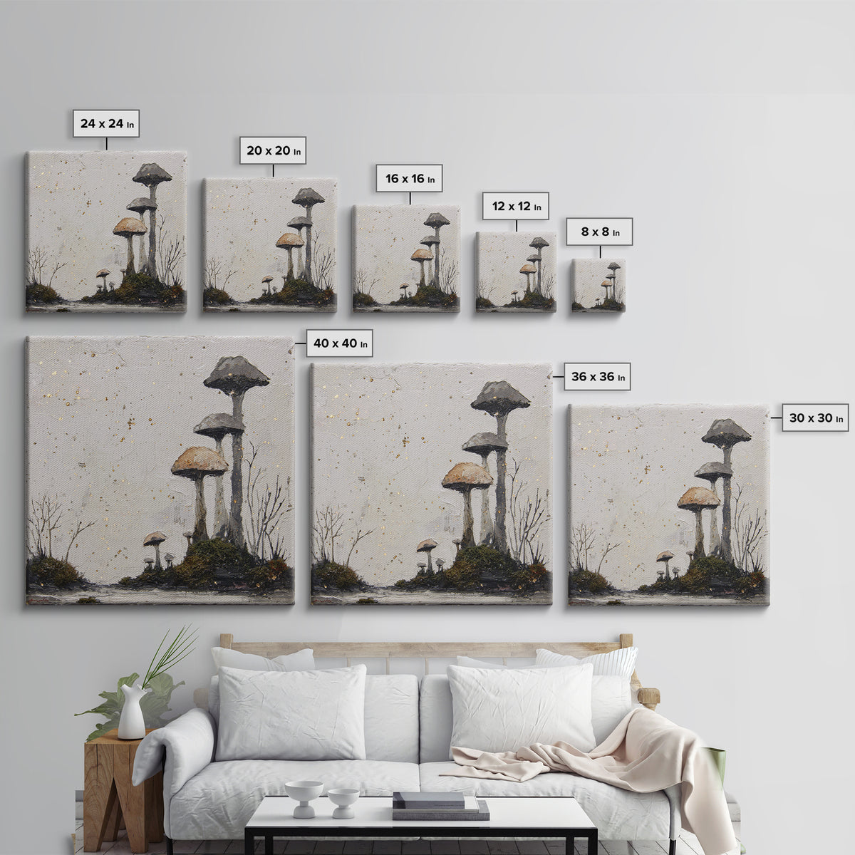 Simple Mushroom and Moss Forest Study Framed Canvas Print, Scandinavian Art, Boho Wall Decor, Living Room Decor, Nordic, SCA-1x1-24