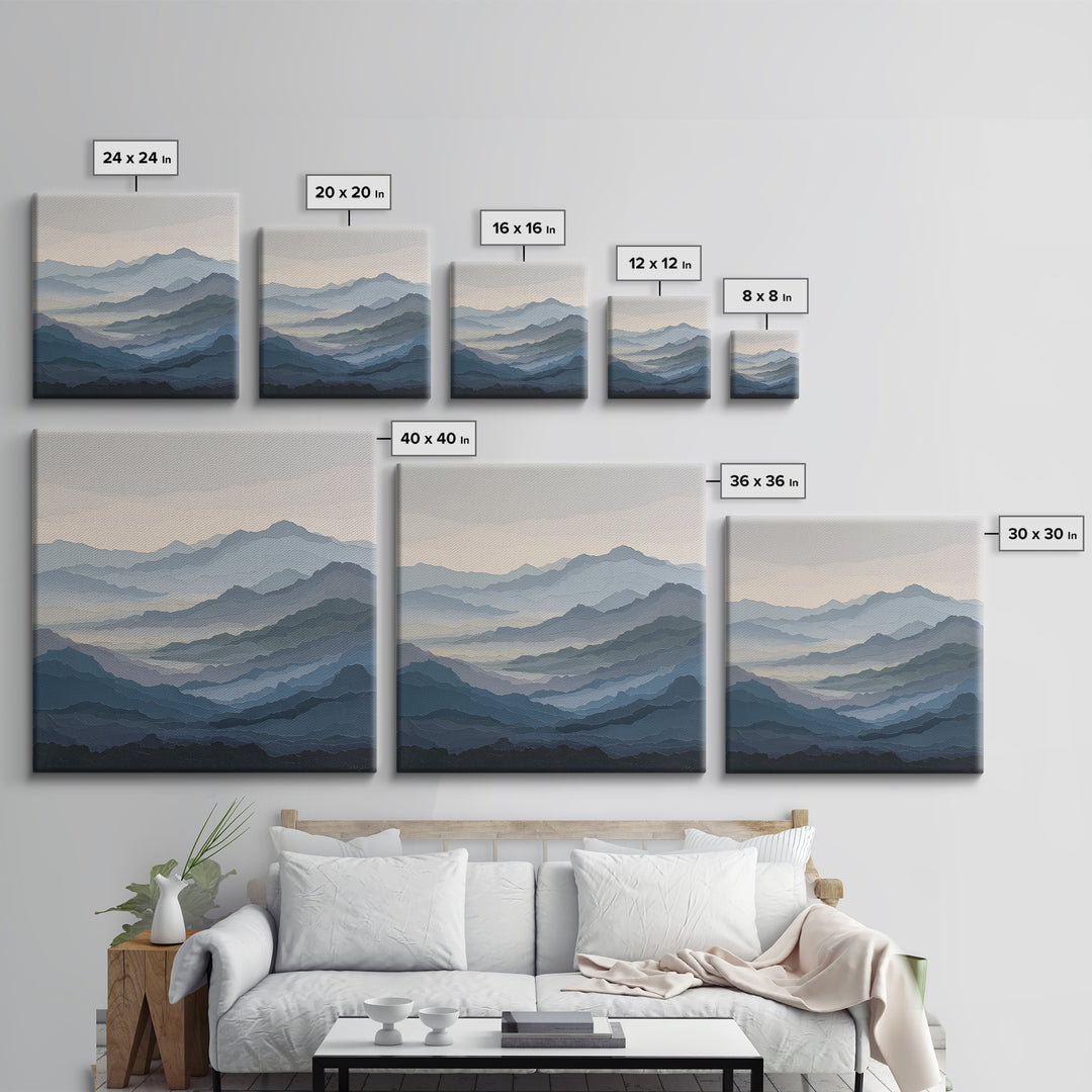 Muted Mountain Layers Framed Canvas Print, Scandinavian Art, Gallery Decor, Living Room Decor, Fine Art, Nordic, Home Decor, SCA-1x1-32