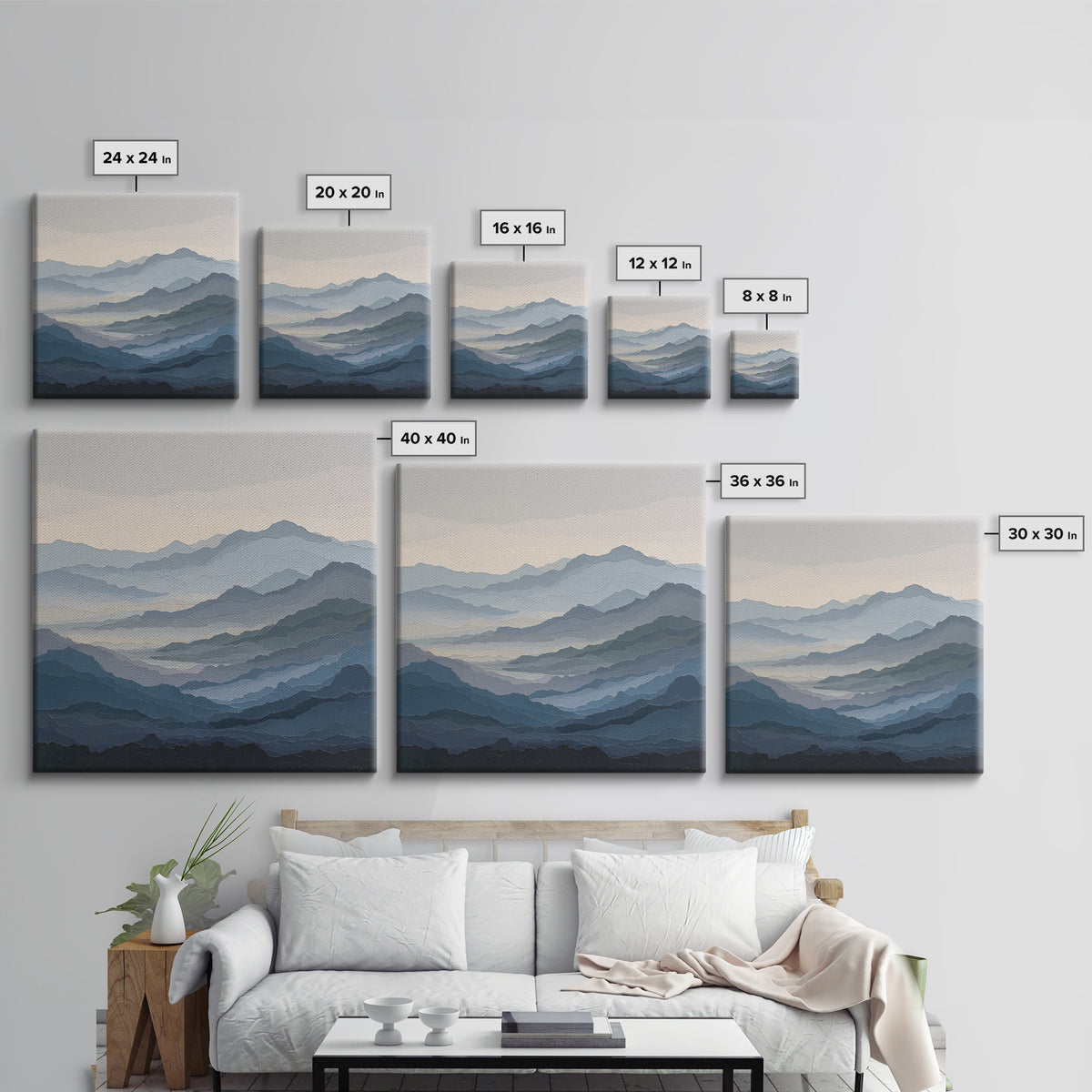 Muted Mountain Layers Framed Canvas Print, Scandinavian Art, Gallery Decor, Living Room Decor, Fine Art, Nordic, Home Decor, SCA-1x1-32