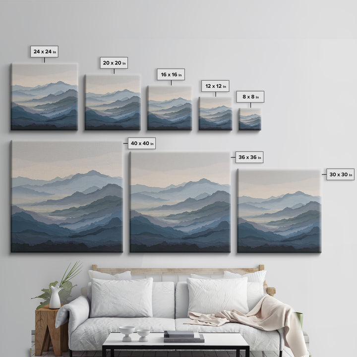 Muted Mountain Layers Framed Canvas Print, Scandinavian Art, Gallery Decor, Living Room Decor, Fine Art, Nordic, Home Decor, SCA-1x1-32