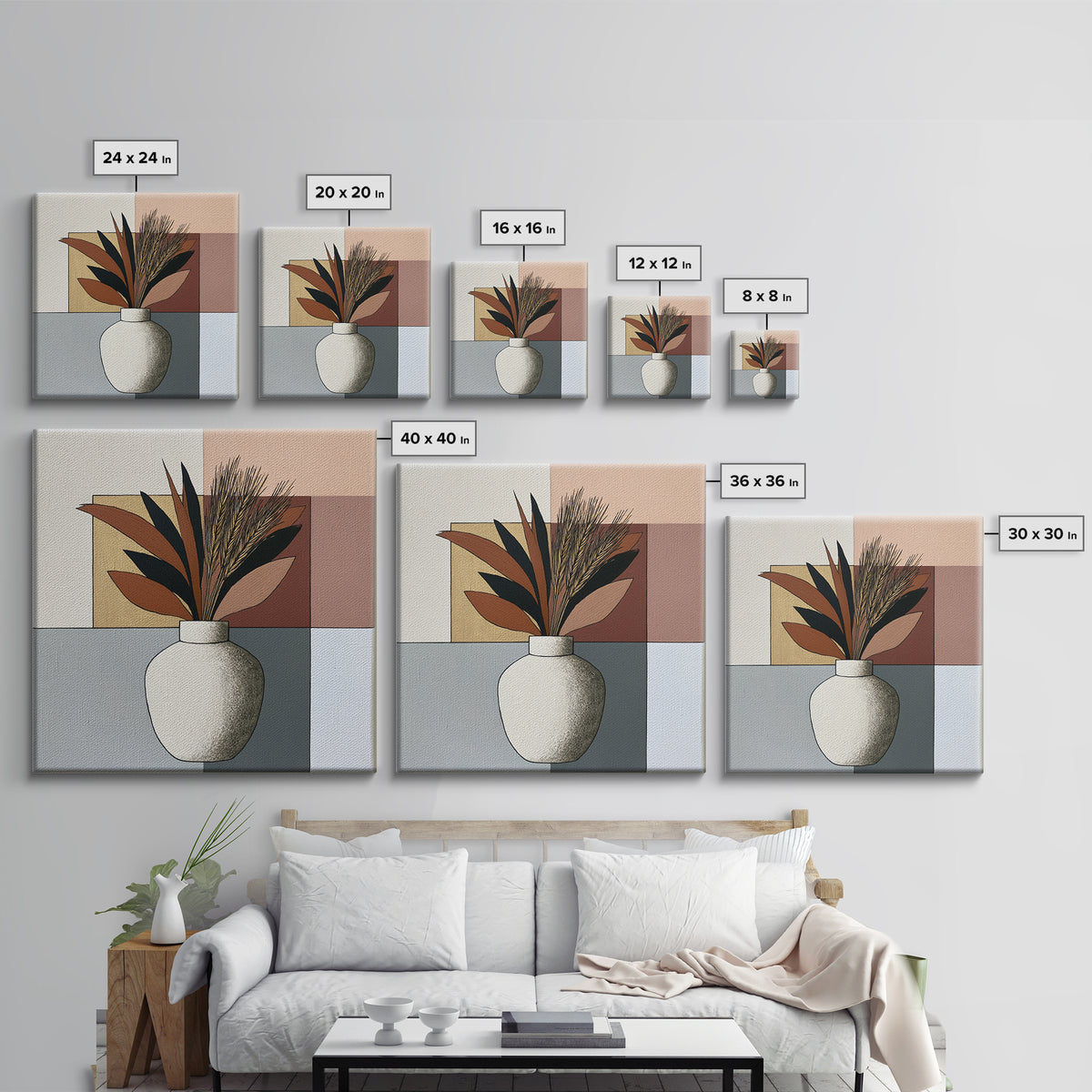 Ceramic Vase with Dried Grasses Framed Canvas Print, Scandinavian Art, Living Room Decor, Oil Painting, Nordic, SCA-1x1-37