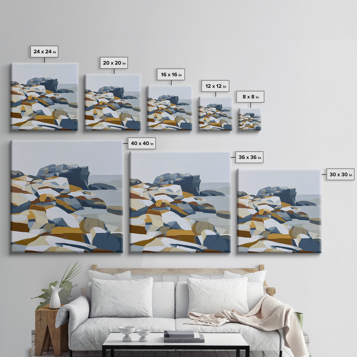 Quiet Coastal Rocks and Gray Sea Framed Canvas Print, Scandinavian Art, Living Room Decor, Fine Art, Nordic, Gallery Decor, SCA-1x1-47
