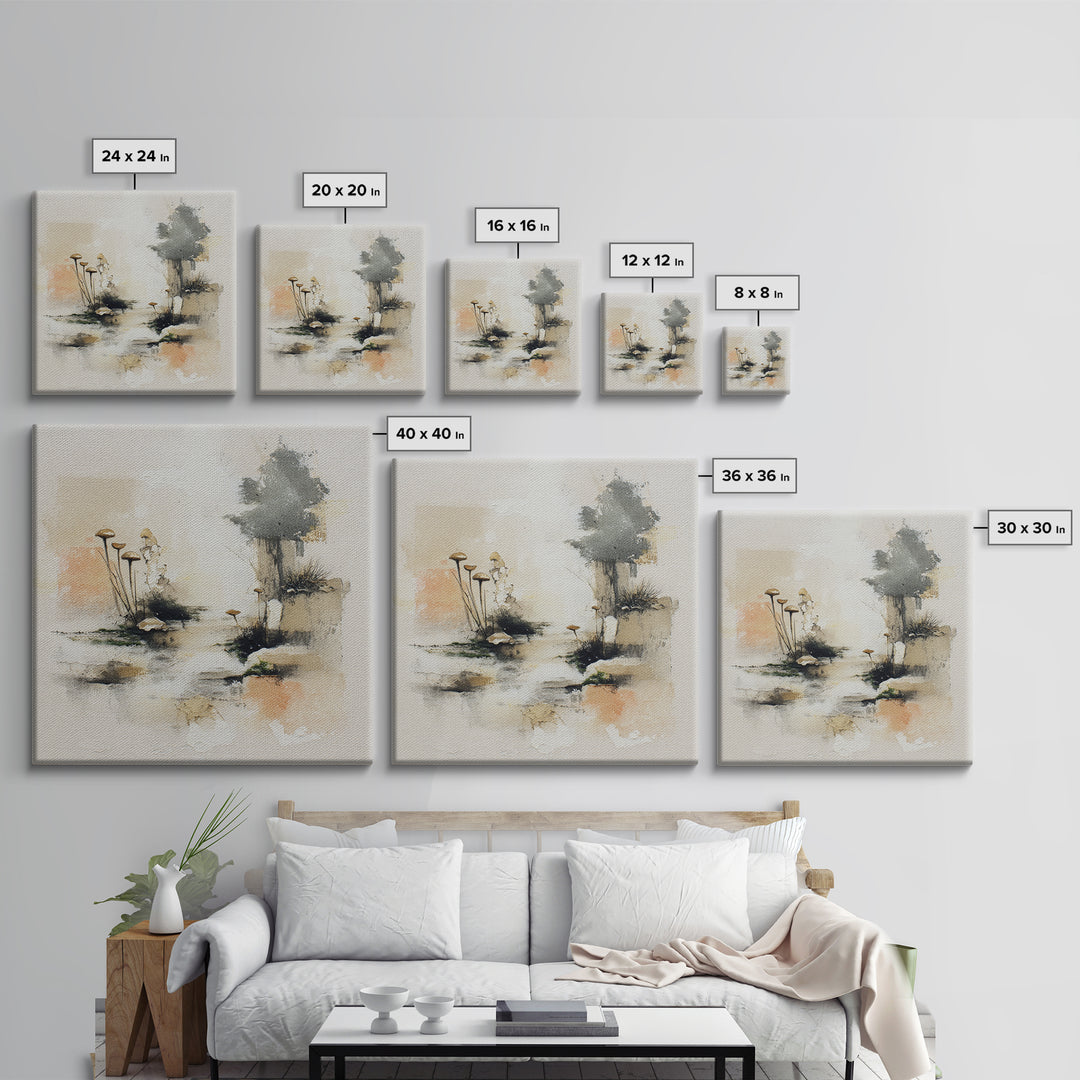 Simple Mushroom and Moss Forest Study Framed Canvas Print, Scandinavian Art, Decor, Living Room Decor, Oil Painting, Nordic, SCA-1x1-48
