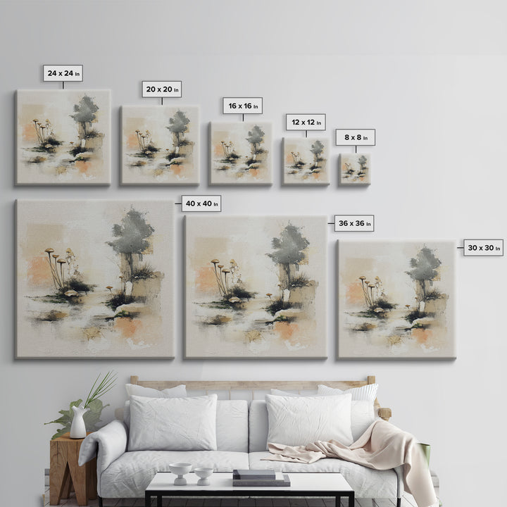 Simple Mushroom and Moss Forest Study Framed Canvas Print, Scandinavian Art, Decor, Living Room Decor, Oil Painting, Nordic, SCA-1x1-48