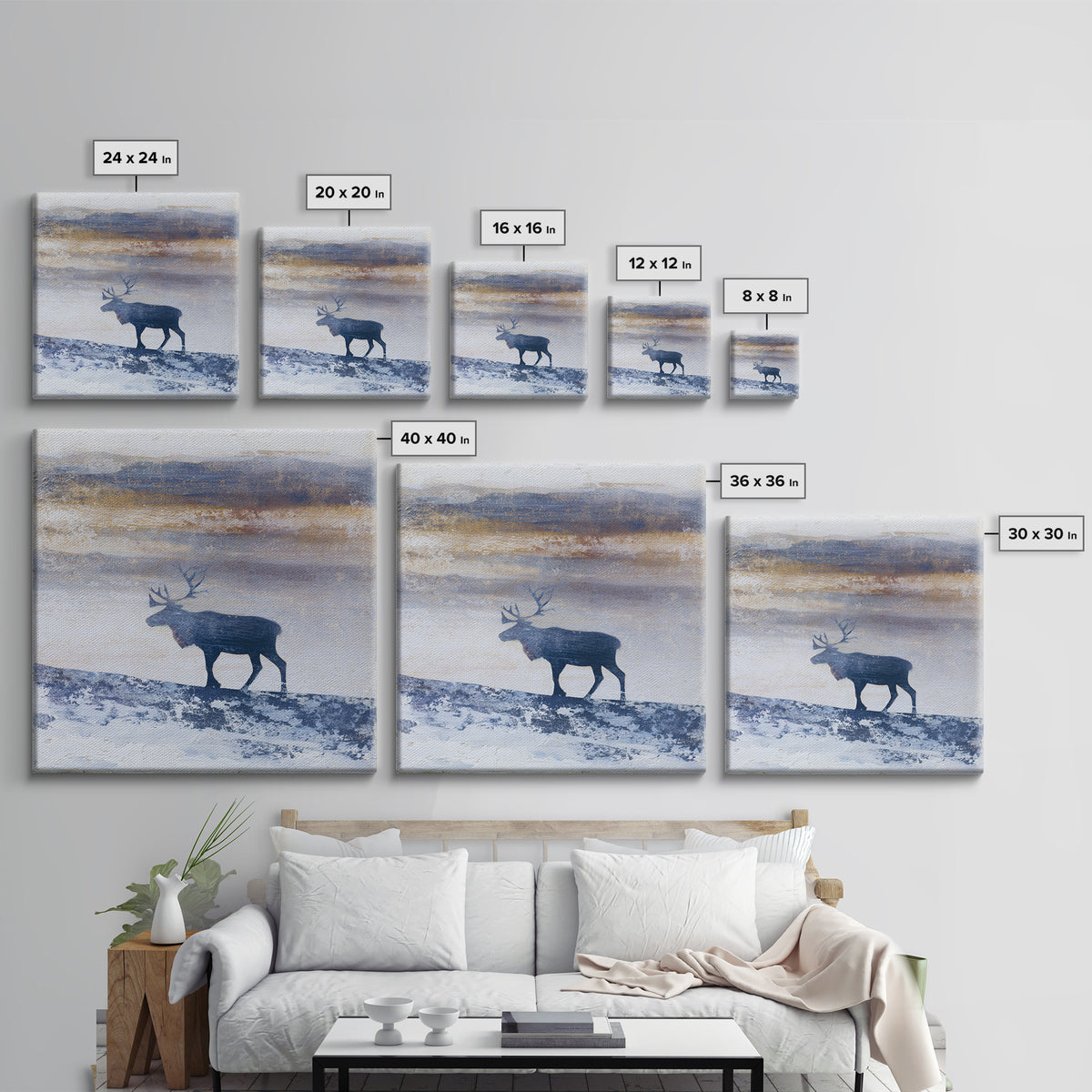 Reindeer Silhouette in Snowy Landscape Canvas Print, Scandinavian Art, Modern Decor, Living Room Decor, Fine Art, Nordic, SCA-1x1-54