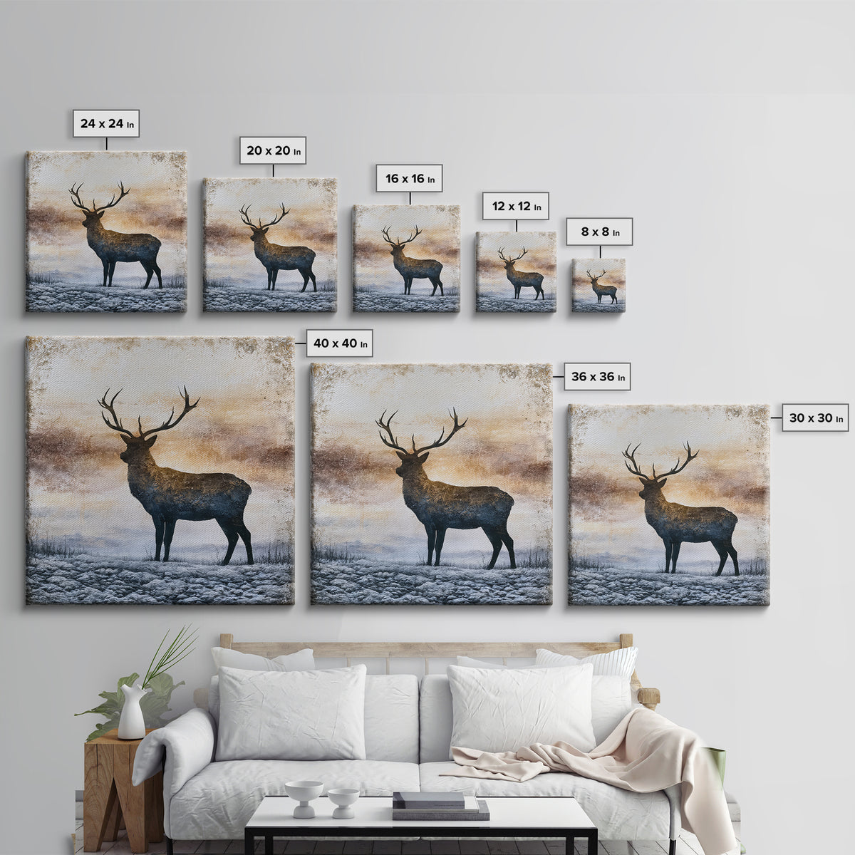Reindeer Silhouette in Snowy Landscape Framed Canvas Print, Scandinavian Art, Abstract Painting, Living Room Decor, Nordic, SCA-1x1-6