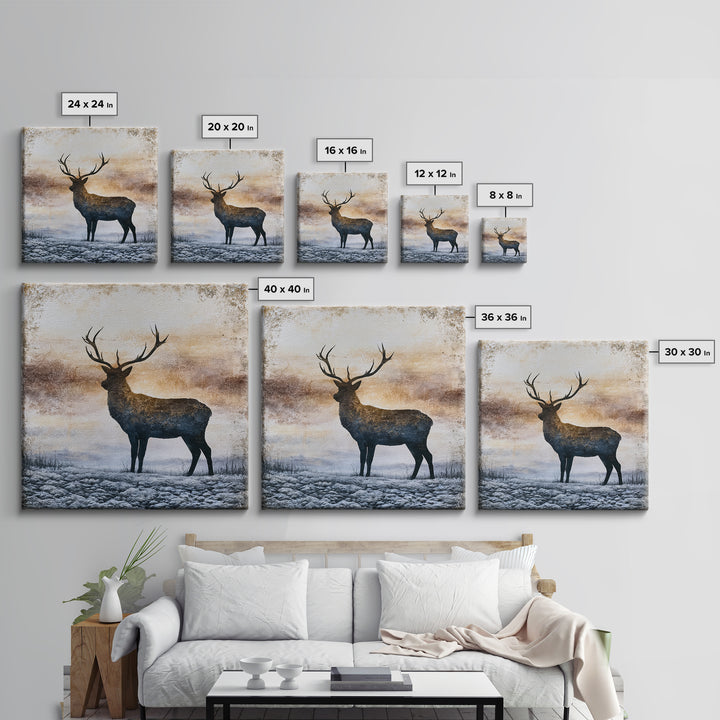 Reindeer Silhouette in Snowy Landscape Framed Canvas Print, Scandinavian Art, Abstract Painting, Living Room Decor, Nordic, SCA-1x1-6