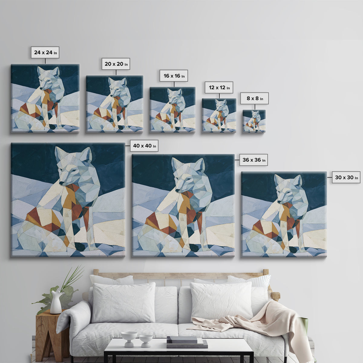 White Fox in Quiet Snow Canvas Print, Scandinavian Art, Boho Wall Art, Living Room Decor, Fine Art, Nordic, Modern Decor, SCA-1x1-60