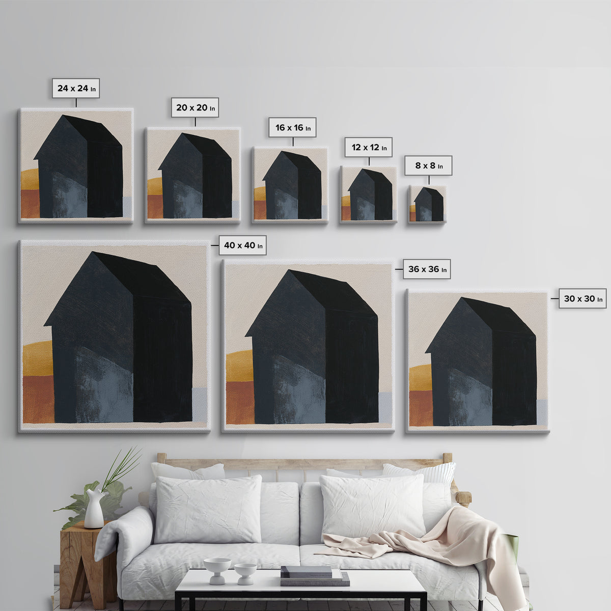 Simple Black House Shape Framed Canvas Print, Scandinavian Art, Abstract Art, Living Room Decor, Nordic, Abstract Painting, SCA-1x1-7