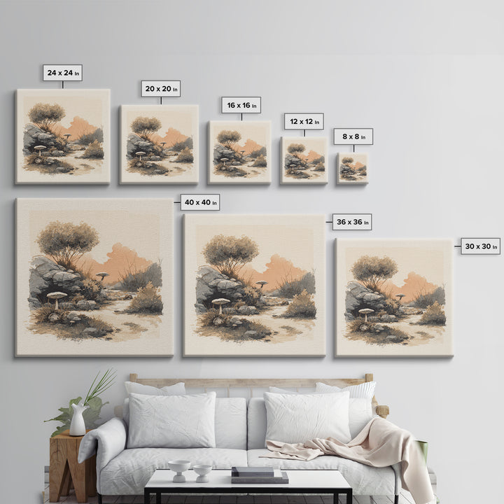 Simple Mushroom and Moss Forest Study Framed Canvas Print, Scandinavian Art, Abstract Painting, Living Room Decor, Nordic, SCA-1x1-72
