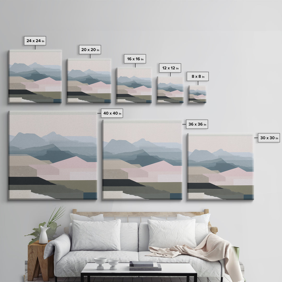 Muted Mountain Layers Framed Canvas Print, Scandinavian Art, Mid Century Modern, Living Room Decor, Oil Painting, Nordic, SCA-1x1-8