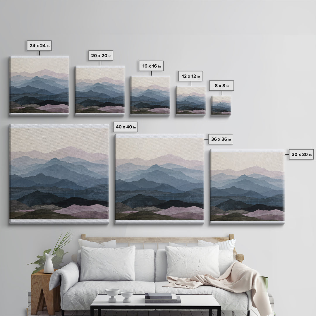 Muted Mountain Layers Framed Canvas Print, Scandinavian Art, Statement Artwork, Living Room Decor, Fine Art, Nordic, Art Print, SCA-1x1-80