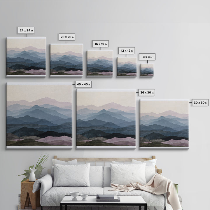 Muted Mountain Layers Framed Canvas Print, Scandinavian Art, Statement Artwork, Living Room Decor, Fine Art, Nordic, Art Print, SCA-1x1-80