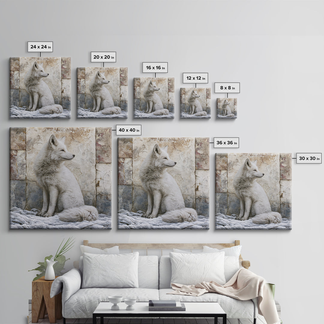 White Fox in Quiet Snow Framed Canvas Print, Scandinavian Art, Living Room Wall Art, Living Room Decor, Abstract Art, Nordic, SCA-1x1-84