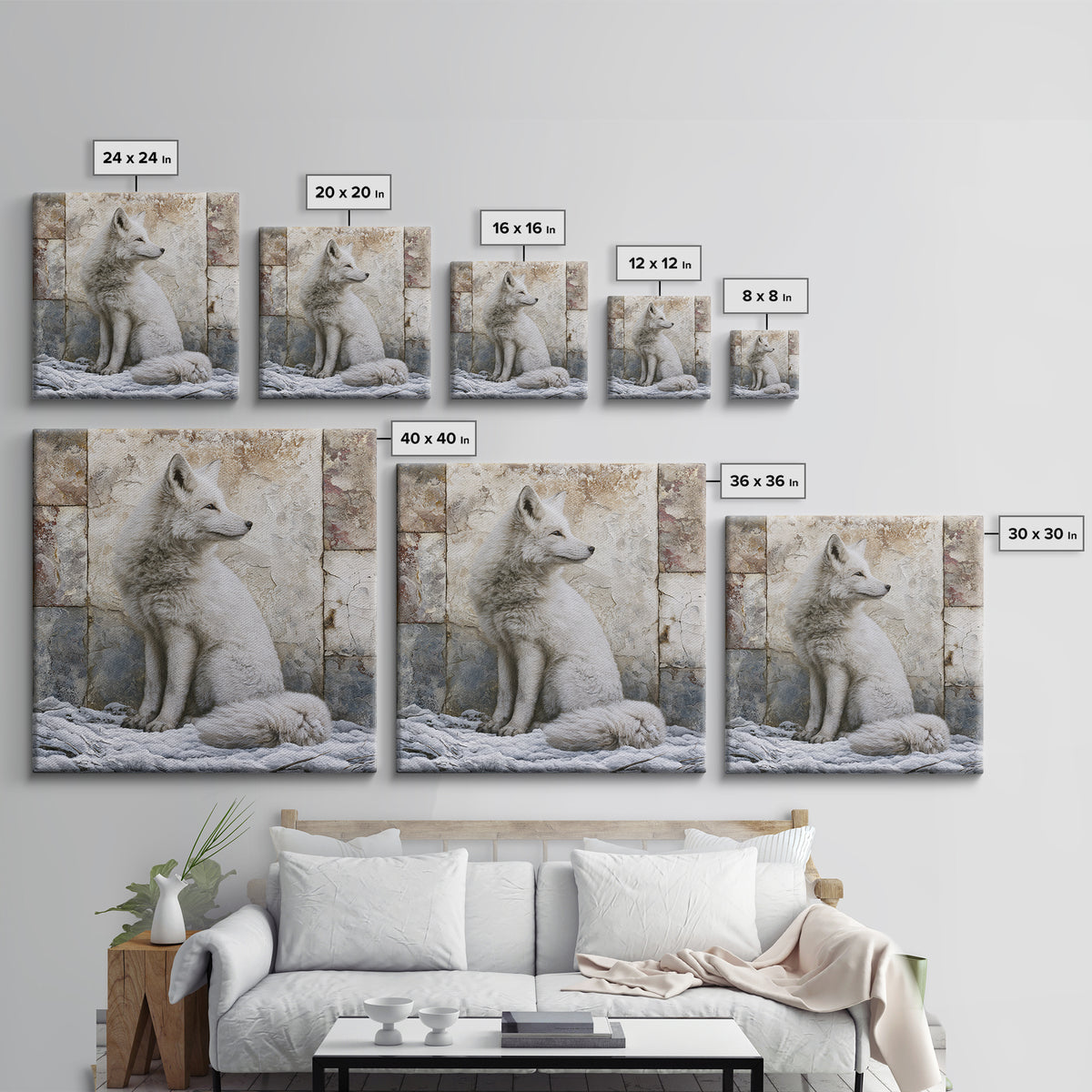 White Fox in Quiet Snow Framed Canvas Print, Scandinavian Art, Living Room Wall Art, Living Room Decor, Abstract Art, Nordic, SCA-1x1-84