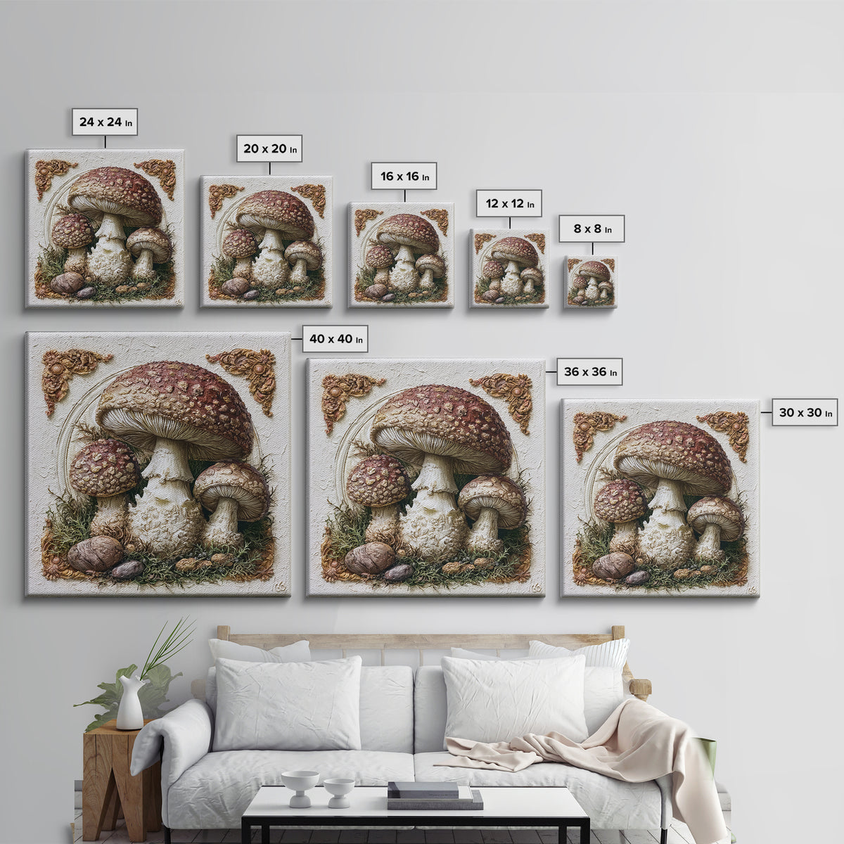 Simple Mushroom and Moss Forest Study Canvas Print, Scandinavian Art, Mid Century Modern, Living Room Decor, Nordic, SCA-1x1-96