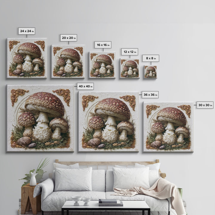 Simple Mushroom and Moss Forest Study Canvas Print, Scandinavian Art, Mid Century Modern, Living Room Decor, Nordic, SCA-1x1-96