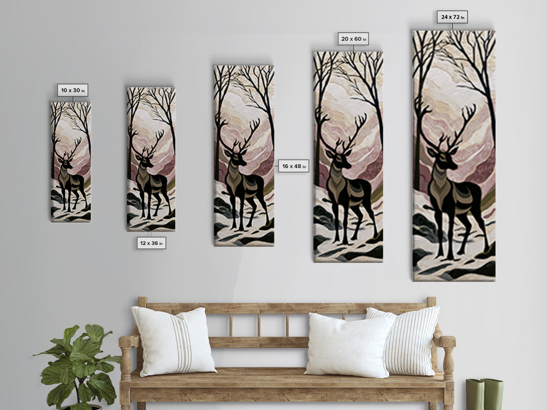 Reindeer Silhouette in Snowy Landscape Canvas Print, Scandinavian Art, Luxury Decor, Living Room Decor, Oil Painting, Nordic, SCA-1x3-18