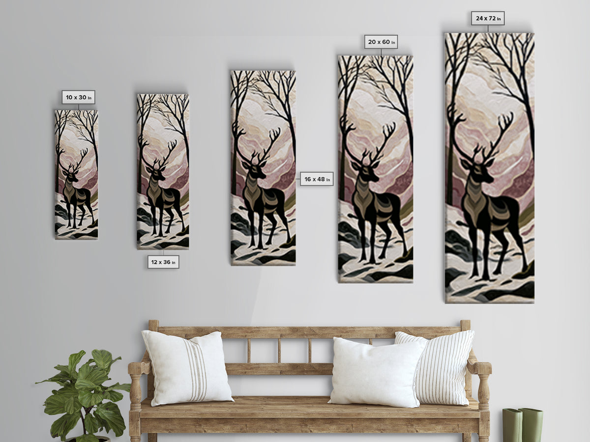 Reindeer Silhouette in Snowy Landscape Canvas Print, Scandinavian Art, Luxury Decor, Living Room Decor, Oil Painting, Nordic, SCA-1x3-18