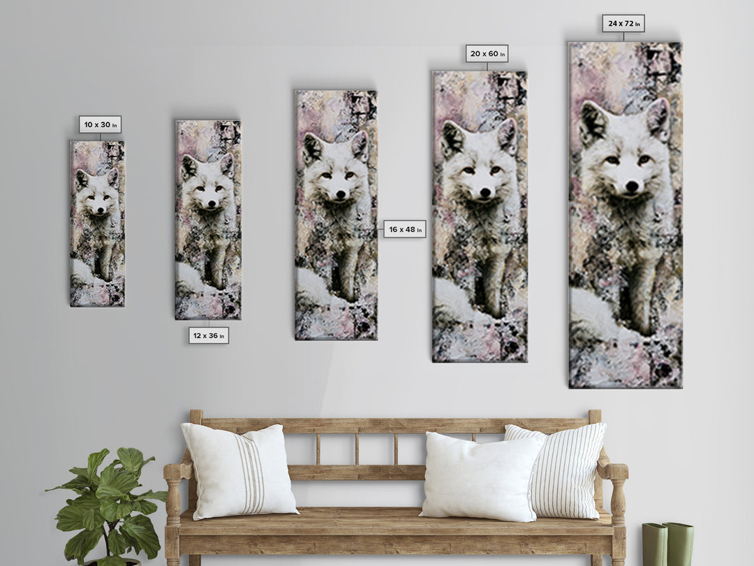 White Fox in Quiet Snow Framed Canvas Print, Scandinavian Art, Digital Wall Art, Living Room Decor, Fine Art, Nordic, SCA-1x3-24