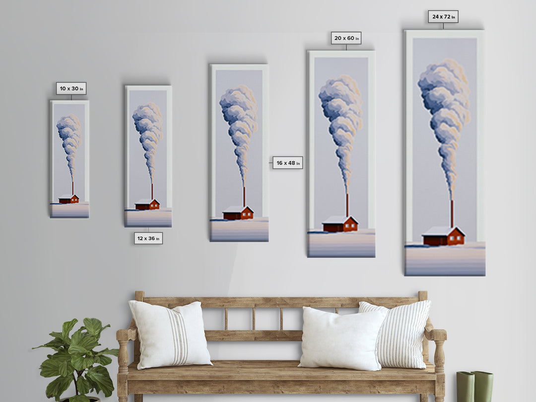 Winter Cabin Smoke Framed Canvas Print, Scandinavian Art, Fine Art Print, Living Room Decor, Oil Painting, Nordic, Printable, SCA-1x3-54