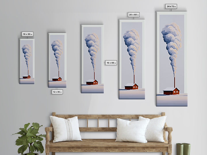 Winter Cabin Smoke Framed Canvas Print, Scandinavian Art, Fine Art Print, Living Room Decor, Oil Painting, Nordic, Printable, SCA-1x3-54