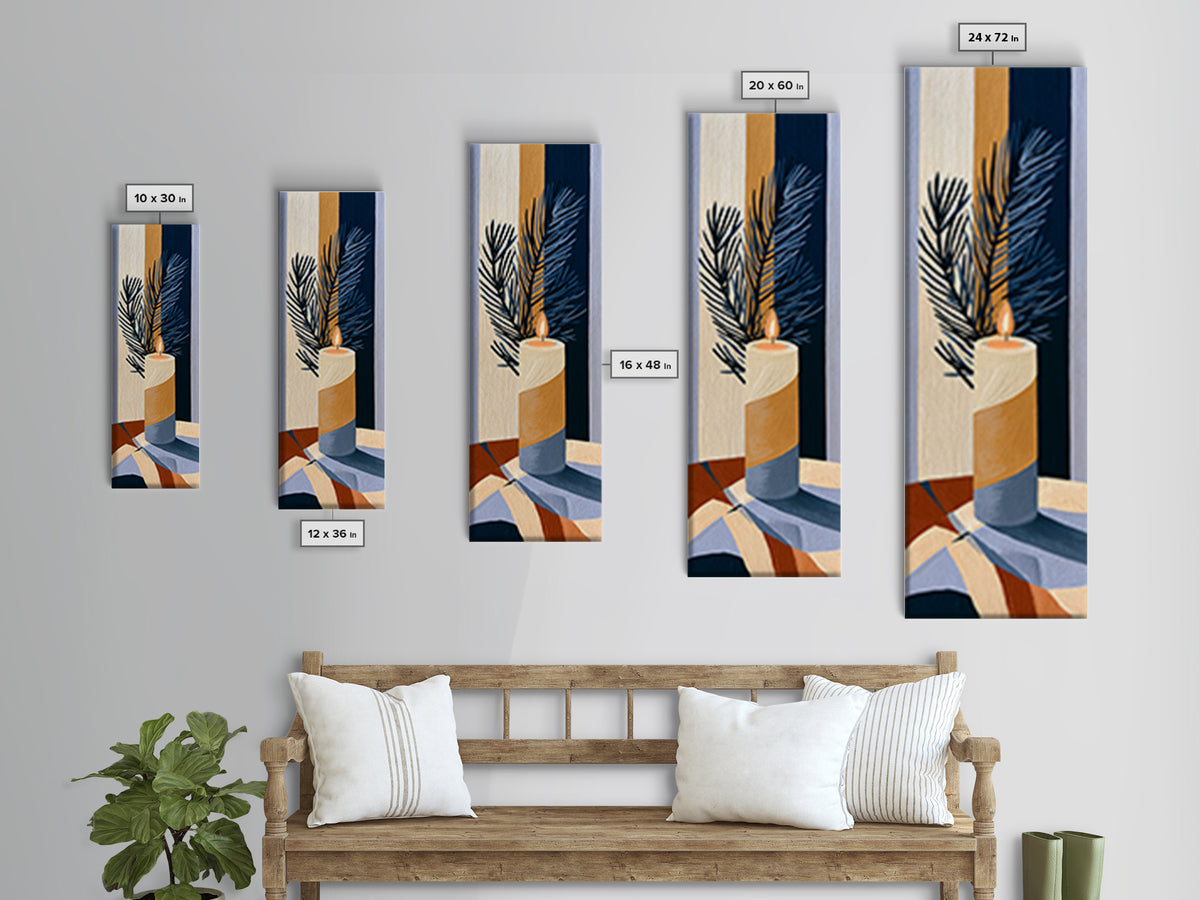 Hygge Candle and Pine Branch Still Life Canvas Print, Scandinavian Art, Abstract Painting, Living Room Decor, Nordic, SCA-1x3-64