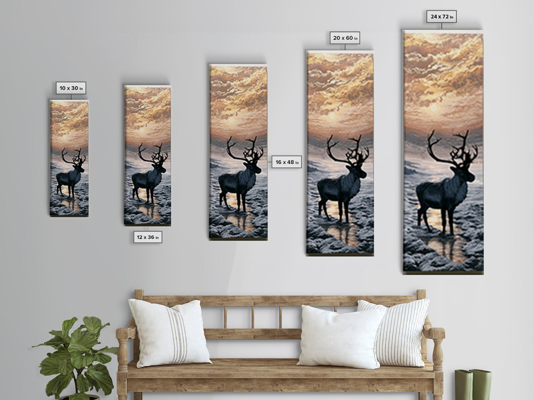 Reindeer Silhouette in Snowy Landscape Framed Canvas Print, Scandinavian Art, Wall Art, Living Room Decor, Fine Art, Nordic, SCA-1x3-66
