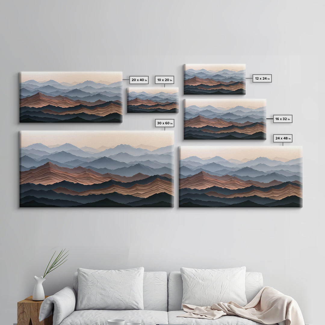Muted Mountain Layers Framed Canvas Print, Scandinavian Art, Boho Wall Decor, Living Room Decor, Oil Painting, Nordic, SCA-2x1-100