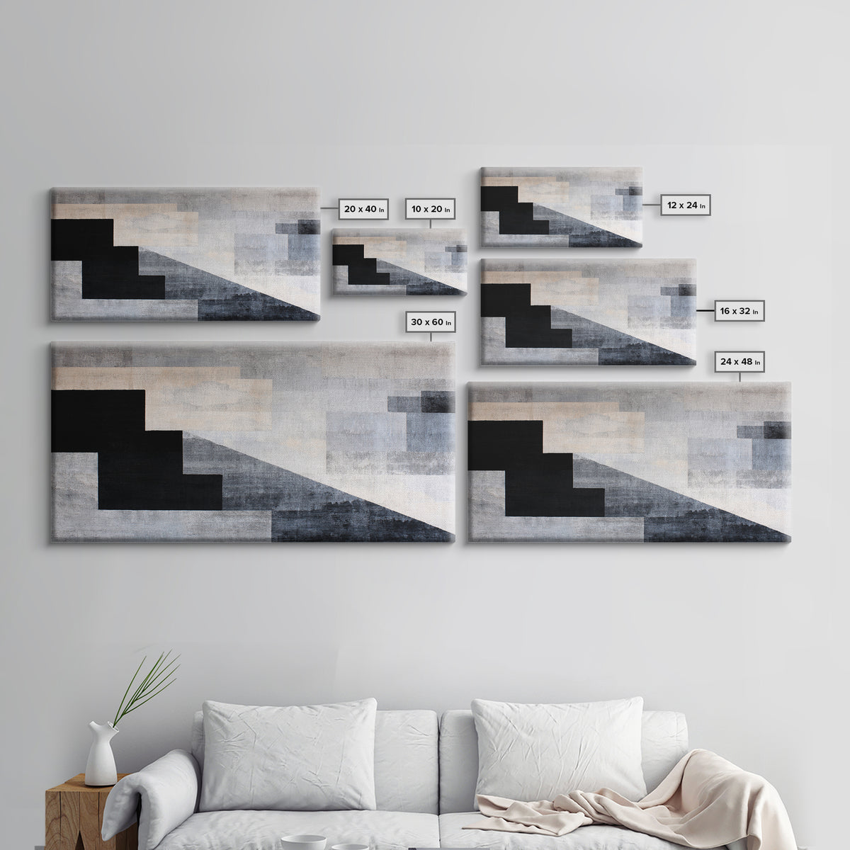 Herringbone Monochrome Pattern Framed Canvas Print, Scandinavian Art, Wall Art, Living Room Decor, Fine Art, Nordic, SCA-2x1-18