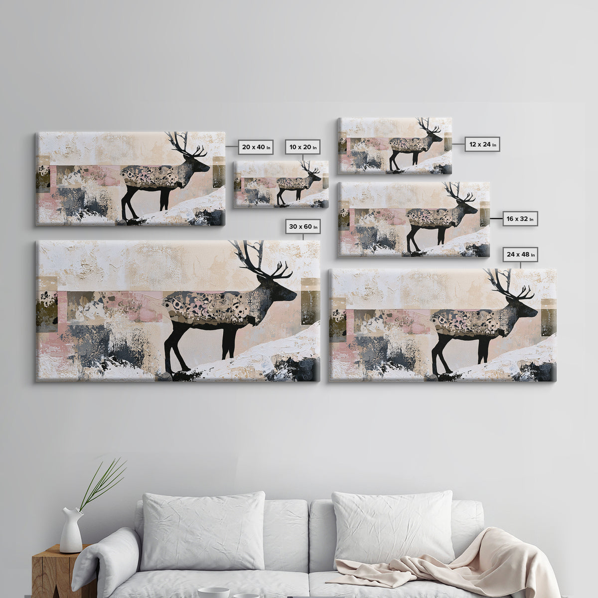 Reindeer Silhouette in Snowy Landscape Canvas Print, Scandinavian Art, Art, Living Room Decor, Fine Art, Nordic, Abstract Art, SCA-2x1-2