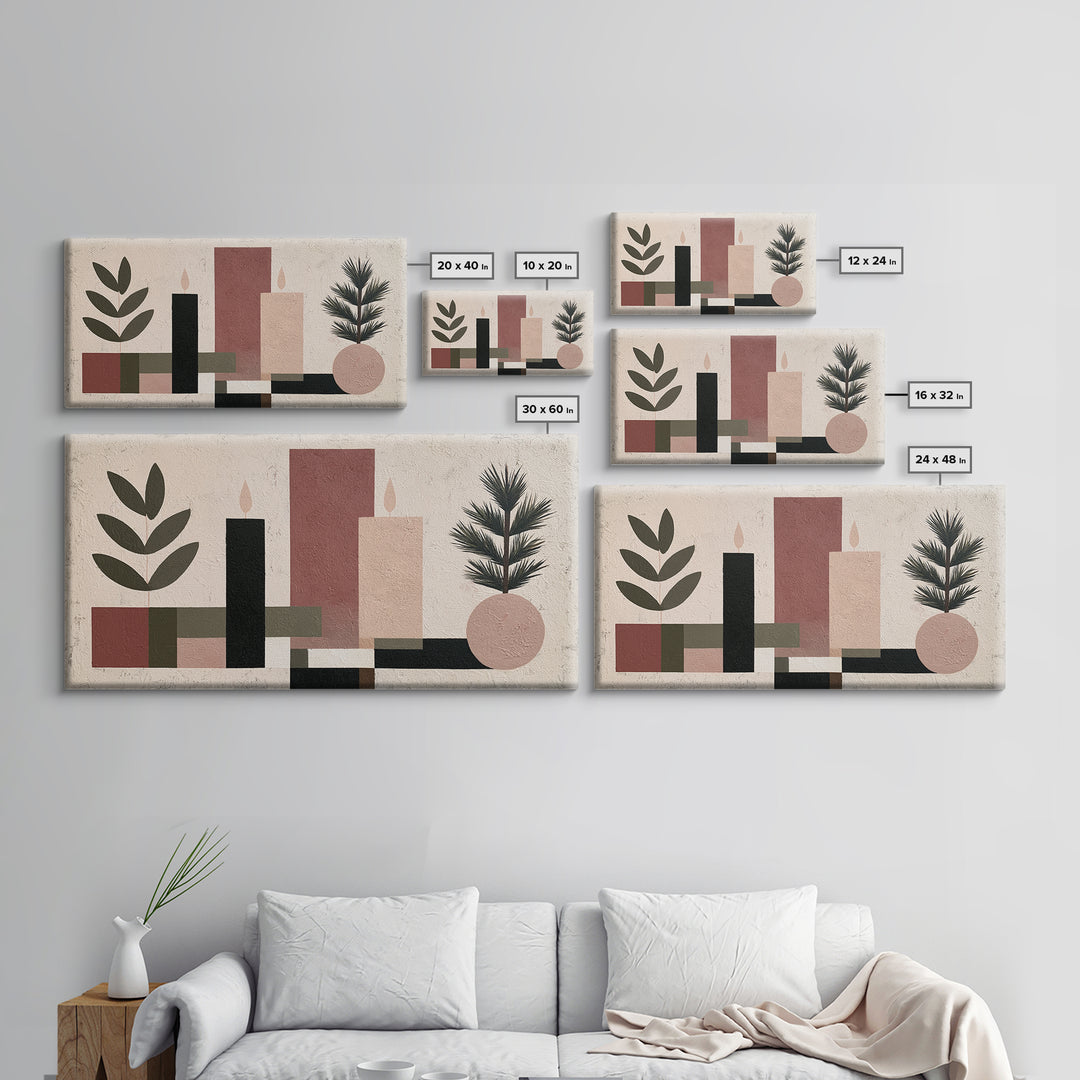 Hygge Candle and Pine Branch Still Life Framed Canvas Print, Scandinavian Art, Living Room Decor, Oil Painting, Nordic, SCA-2x1-24