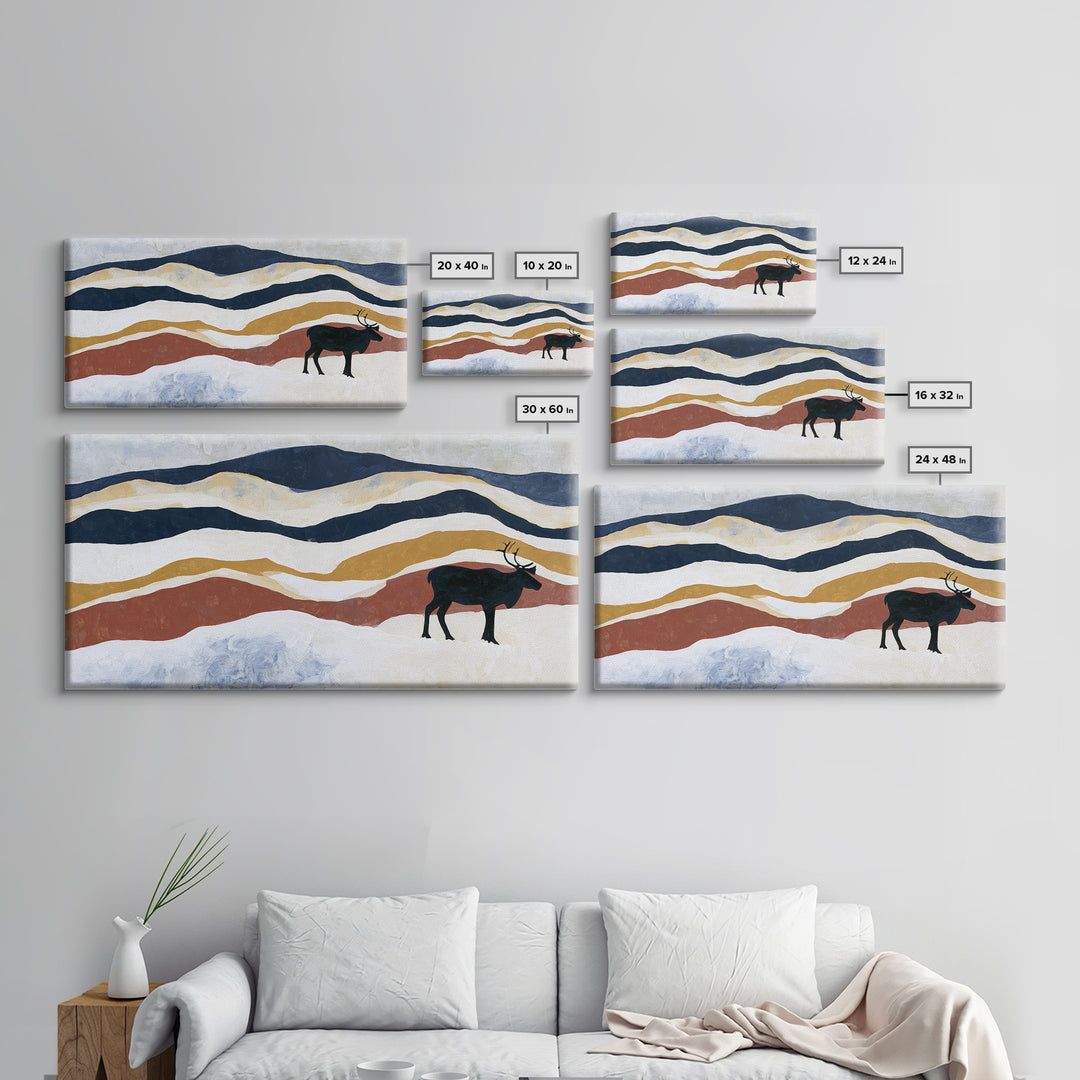 Reindeer Silhouette in Snowy Landscape Canvas Print, Scandinavian Art, Art, Living Room Decor, Fine Art, Nordic, Abstract Art, SCA-2x1-26