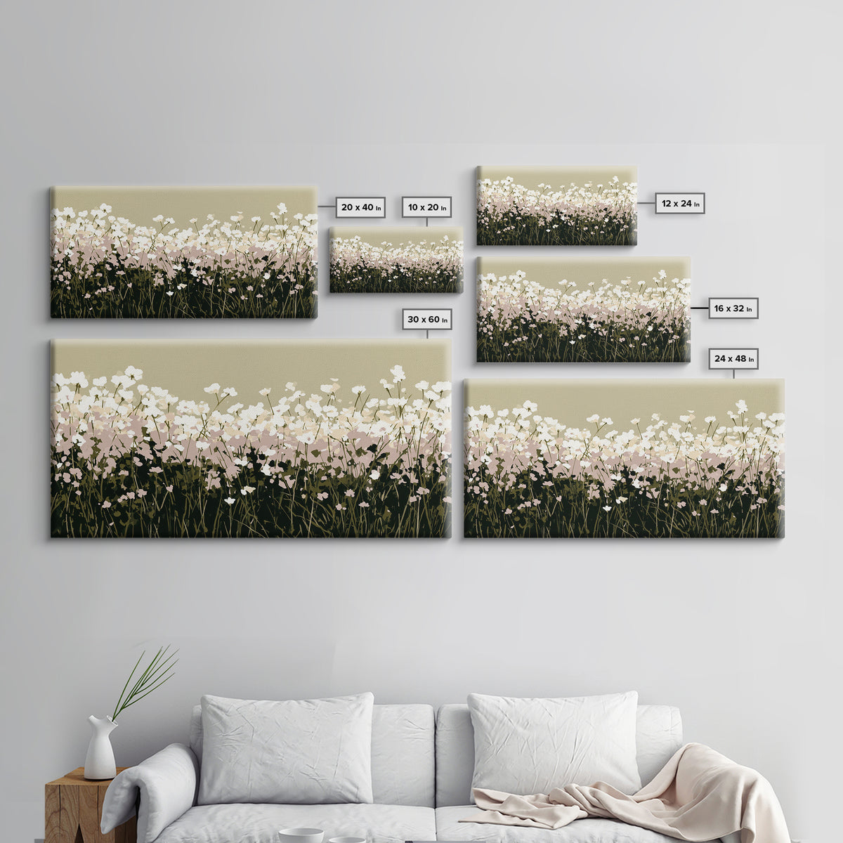 Minimal Meadow Flowers Framed Canvas Print, Scandinavian Art, Wall Decor, Living Room Decor, Oil Painting, Nordic, Canvas Art, SCA-2x1-30