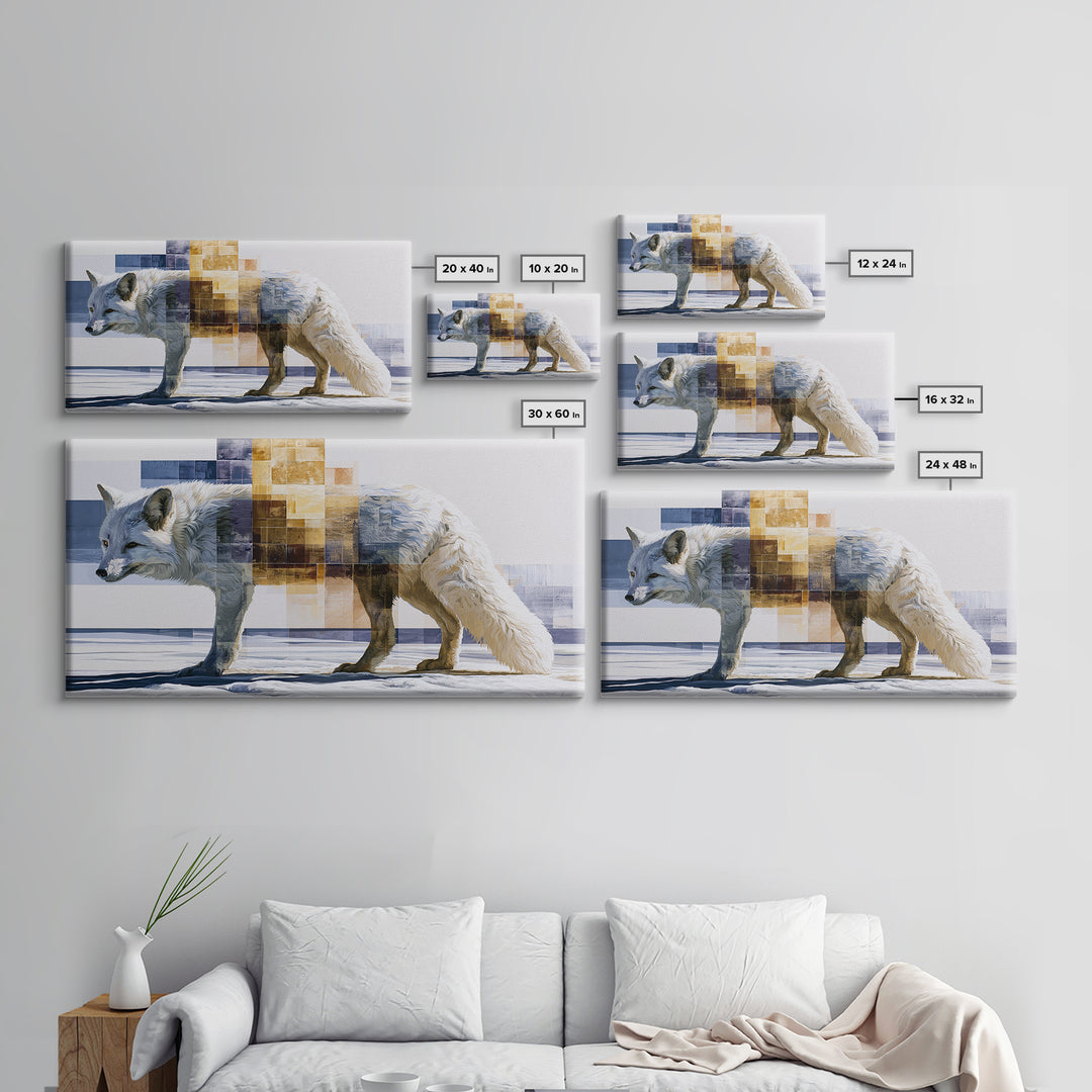 White Fox in Quiet Snow Canvas Print, Scandinavian Art, Home Decor, Living Room Decor, Oil Painting, Nordic, Wall Hanging, SCA-2x1-32